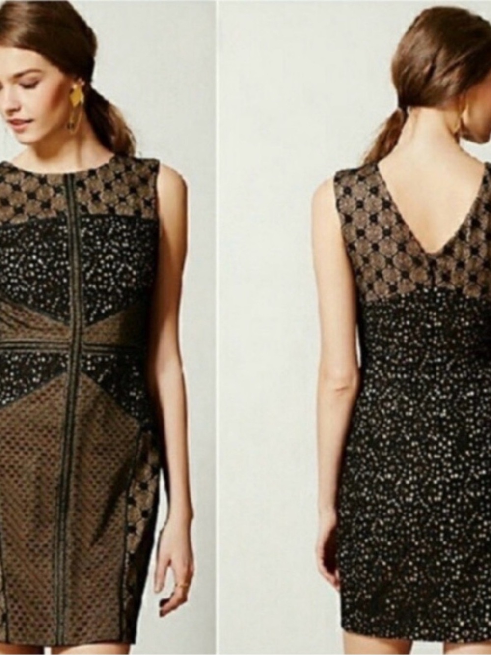 NWT Heartloom by Anthropologie Black and camel Lace-Panel Mini Dress, size M